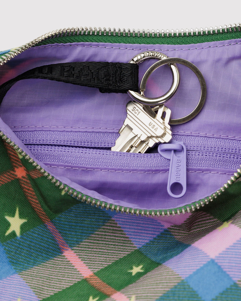 BAGGU.com New Arrivals Small Nylon Crescent Bag - Green Star Plaid