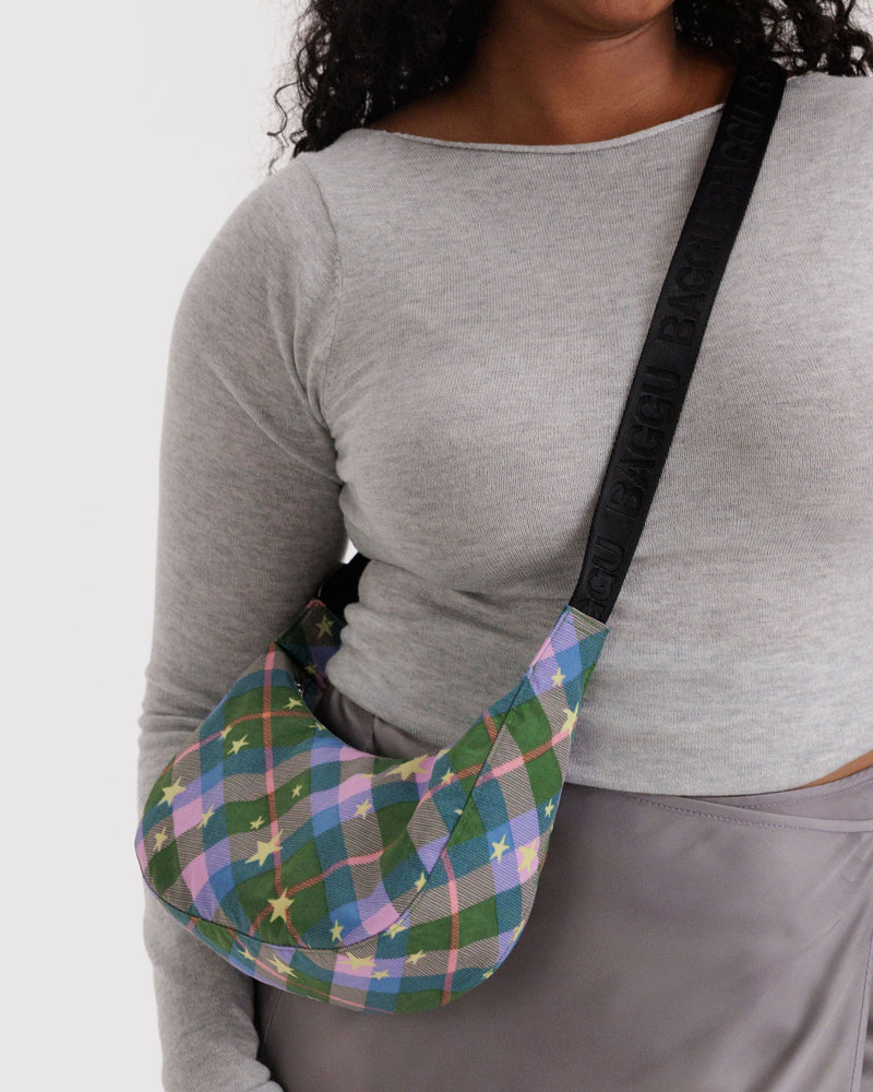BAGGU.com New Arrivals Small Nylon Crescent Bag - Green Star Plaid