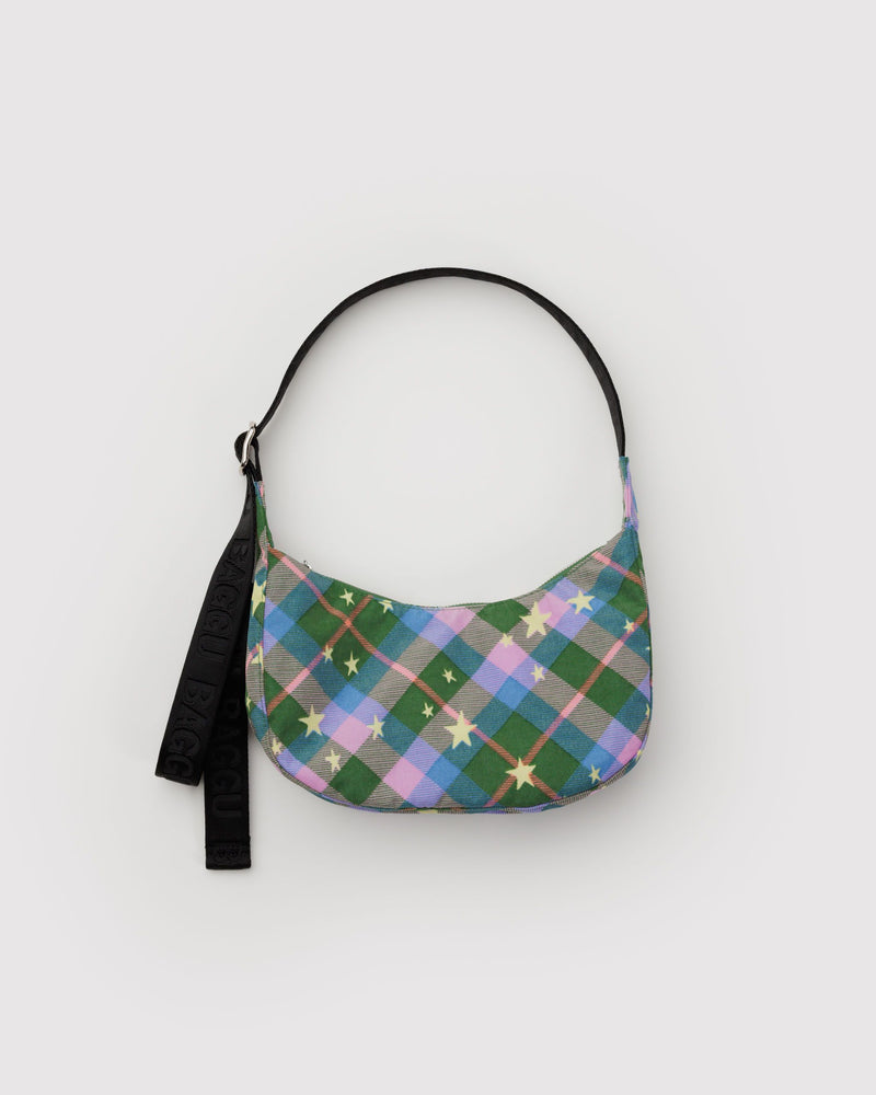 BAGGU.com New Arrivals Small Nylon Crescent Bag - Green Star Plaid