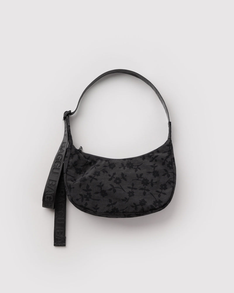 BAGGU  Small Nylon Crescent Bag - Charcoal Ditsy Floral