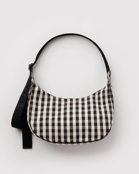 BAGGU Crossbody Bags Medium Nylon Crescent Bag - Black and Cream Gingham