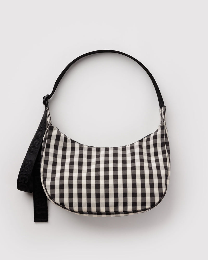 BAGGU  Medium Nylon Crescent Bag - Black and Cream Gingham