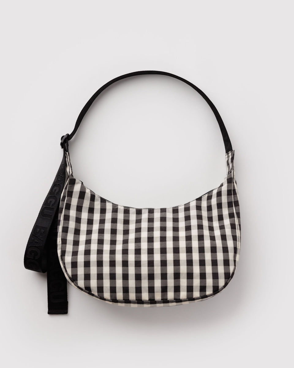 BAGGU Black Bags Medium Nylon Crescent Bag - Black and Cream Gingham