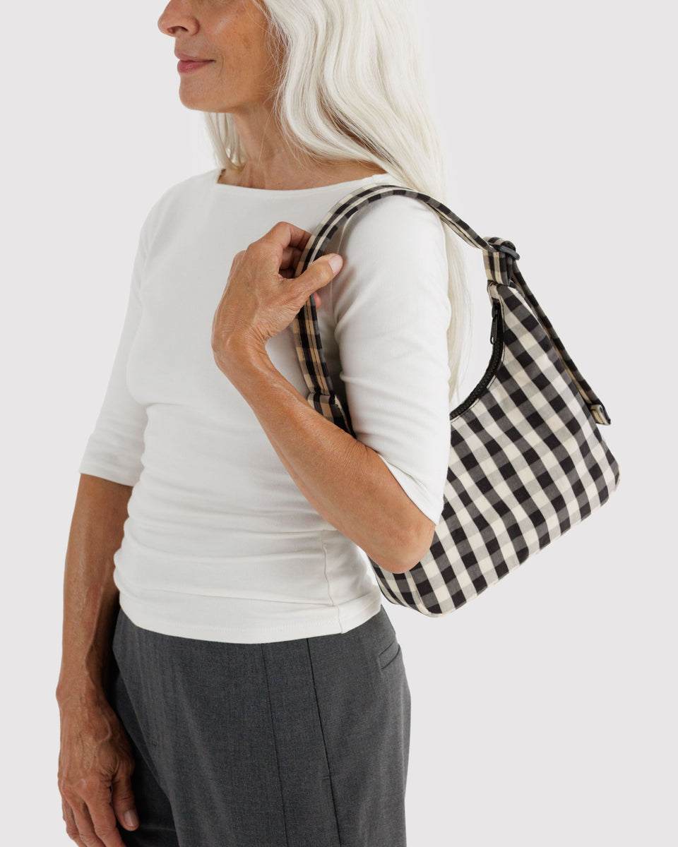 BAGGU Black Bags Mini Nylon Shoulder Bag - Black and Cream Gingham