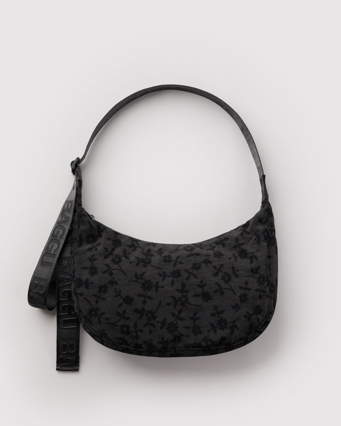 BAGGU Nylon Crescent Bags Medium Nylon Crescent Bag - Charcoal Ditsy Floral