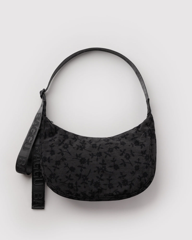BAGGU  Medium Nylon Crescent Bag - Charcoal Ditsy Floral