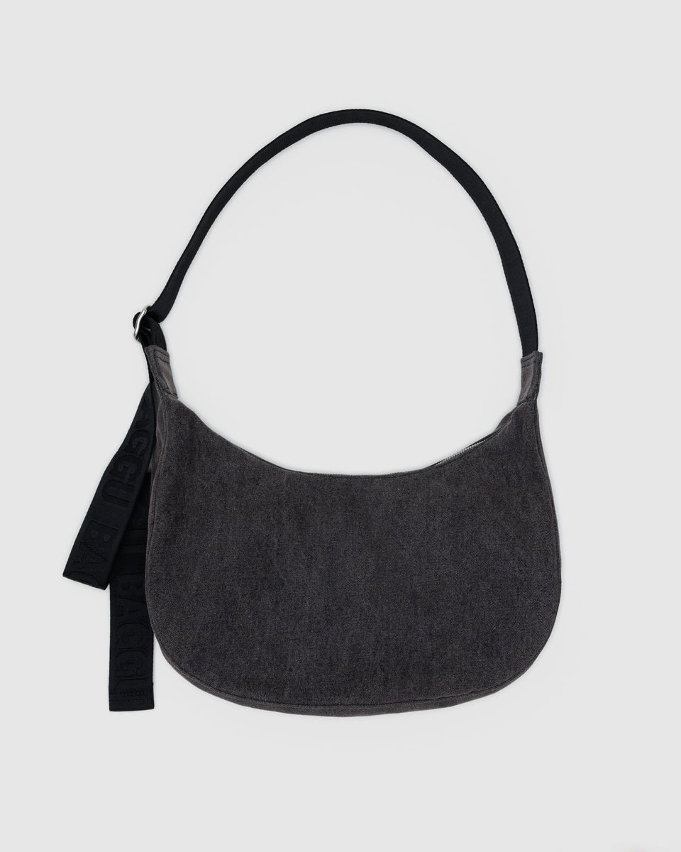 BAGGU Denim Medium Denim Crescent Bag - Washed Black Denim