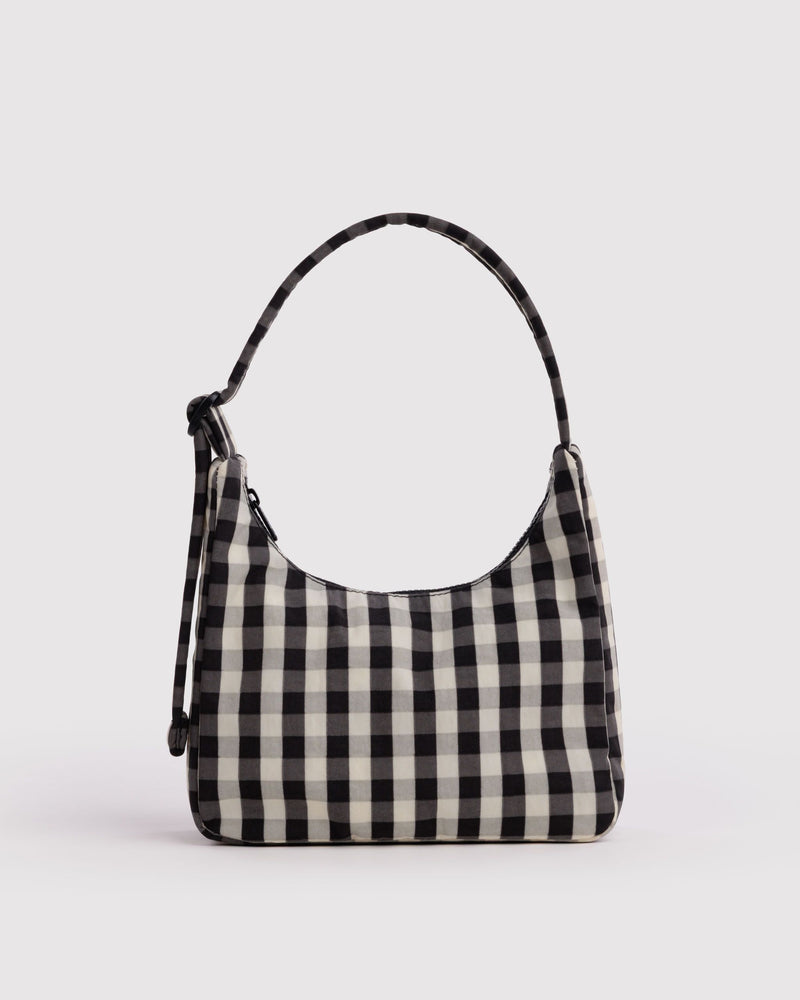 BAGGU Black Bags Mini Nylon Shoulder Bag - Black and Cream Gingham