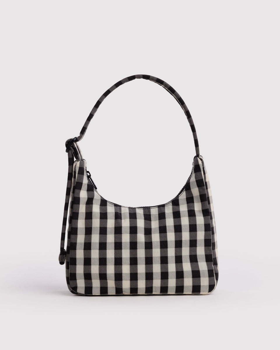 BAGGU Black Bags Mini Nylon Shoulder Bag - Black and Cream Gingham