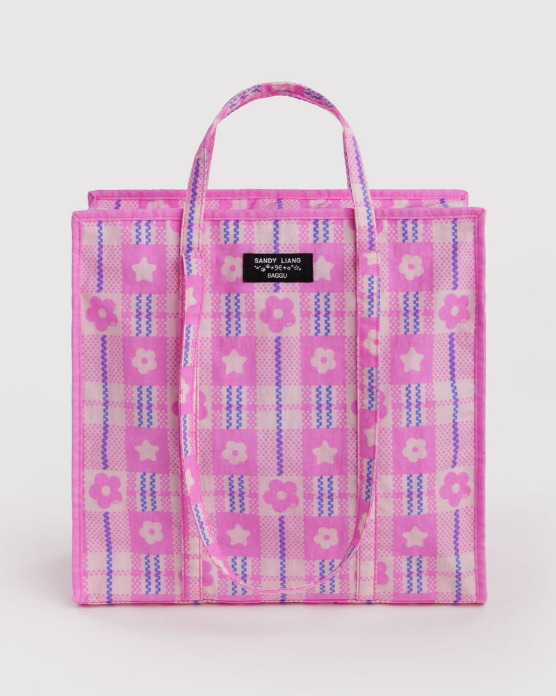 BAGGU  Large Nylon Market Bag - Market Plaid Pink