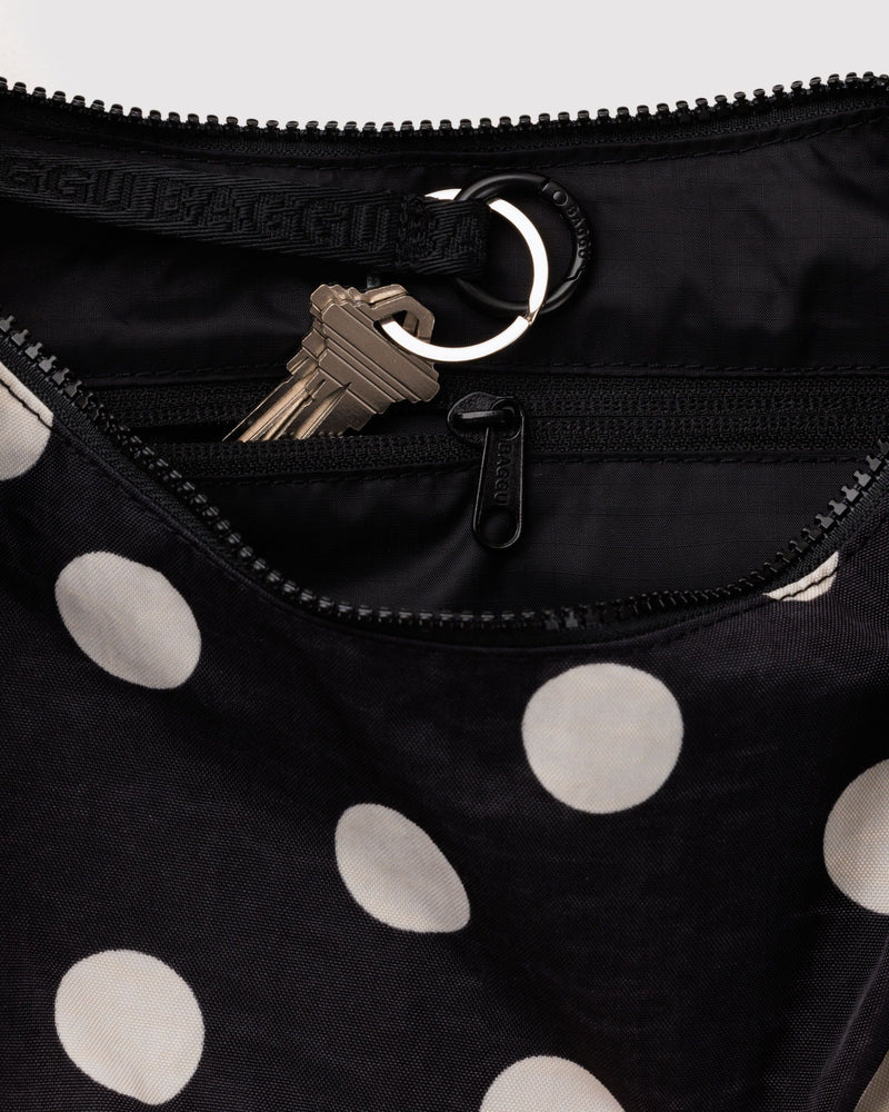BAGGU Black Bags Medium Nylon Crescent Bag - Black and Cream Polka Dot