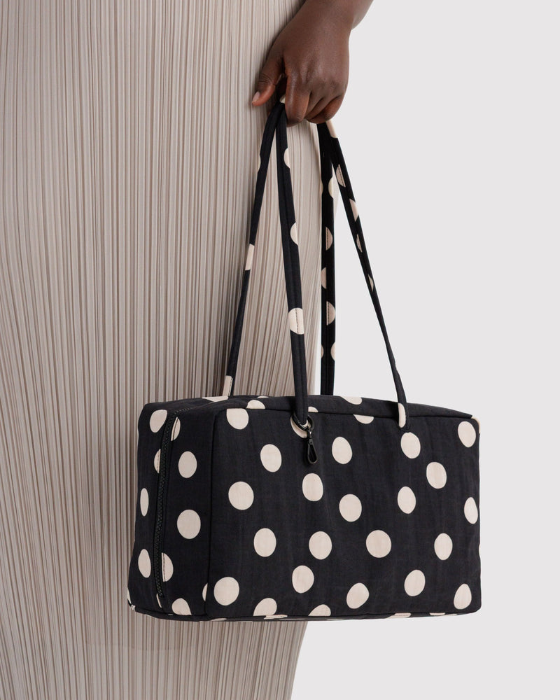 BAGGU Black Bags Medium Nylon Bowler Bag - Black and Cream Polka Dot