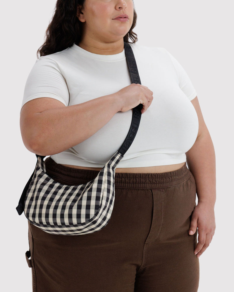 BAGGU  Small Nylon Crescent Bag - Black and Cream Gingham