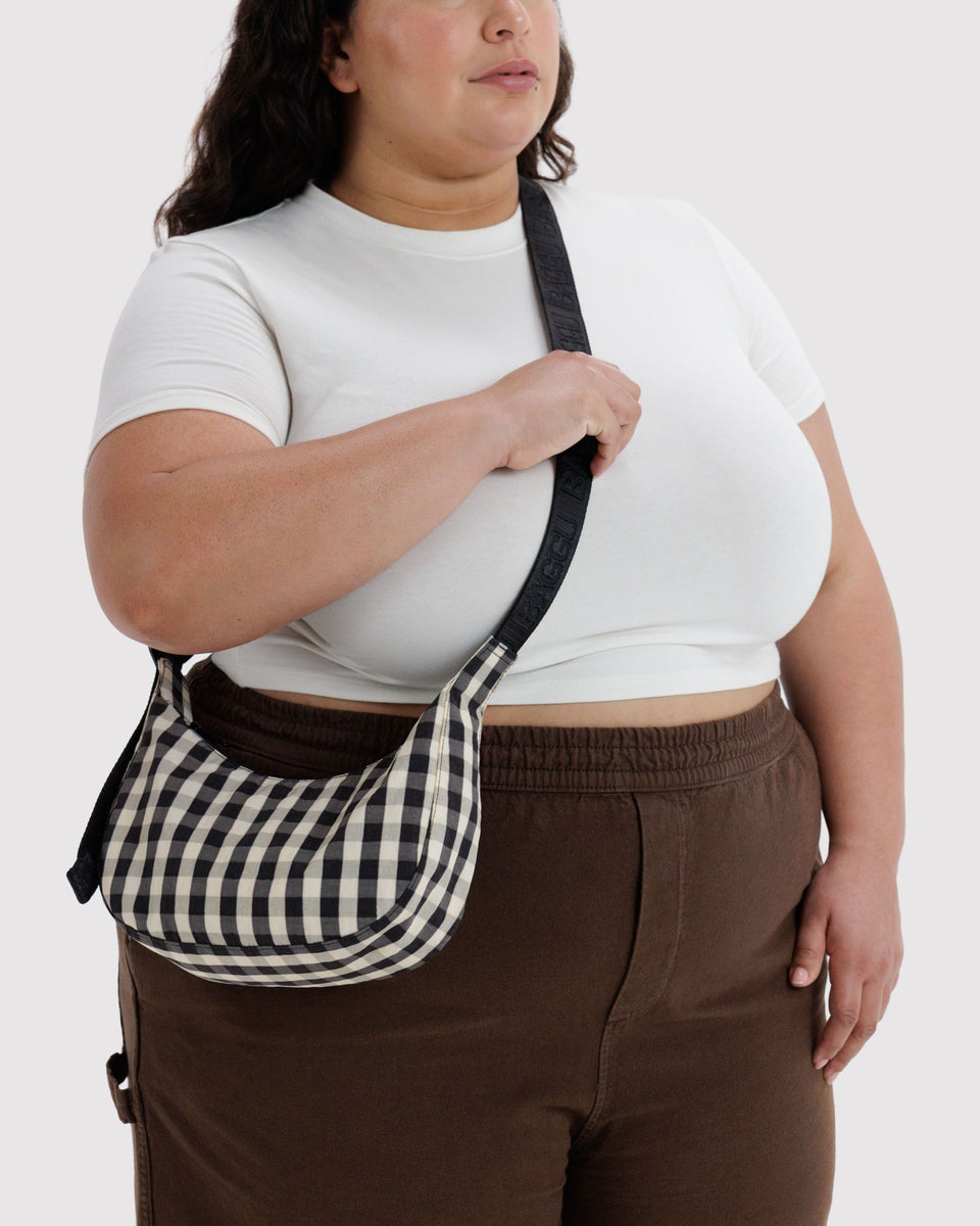 BAGGU Black Bags Small Nylon Crescent Bag - Black and Cream Gingham