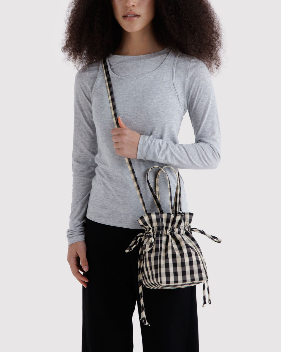 BAGGU Black Bags Nylon Drawstring Bag - Black and Cream Gingham