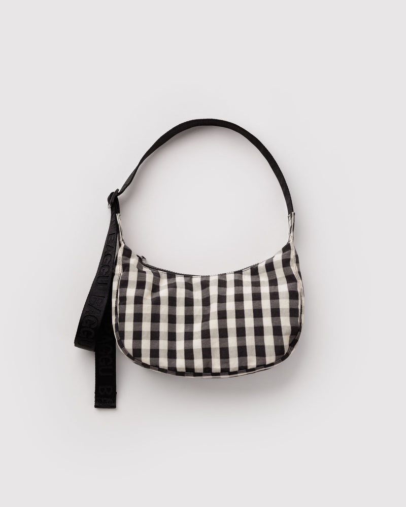 BAGGU  Small Nylon Crescent Bag - Black and Cream Gingham