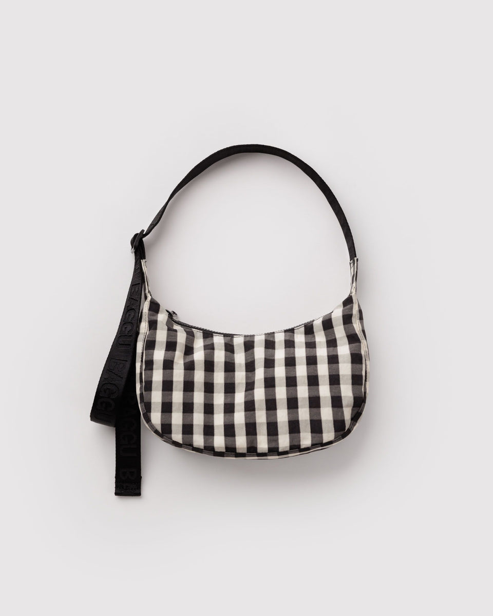 BAGGU Black Bags Small Nylon Crescent Bag - Black and Cream Gingham