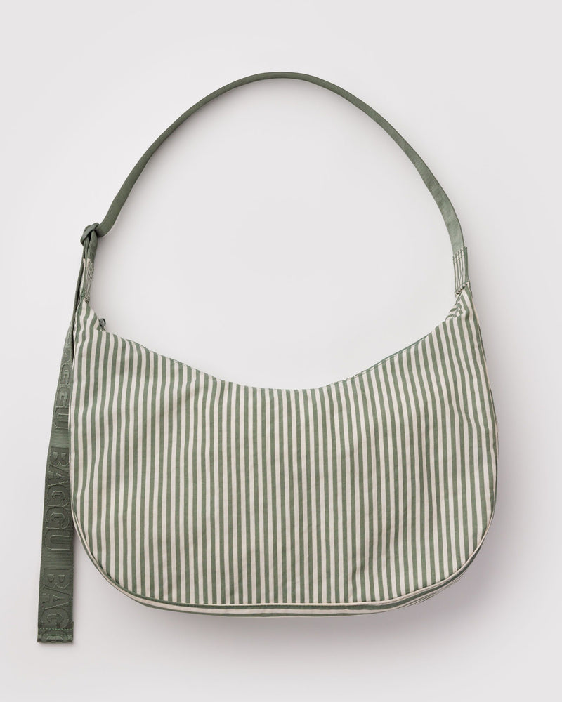 BAGGU  Large Nylon Crescent Bag - Sage Stripe