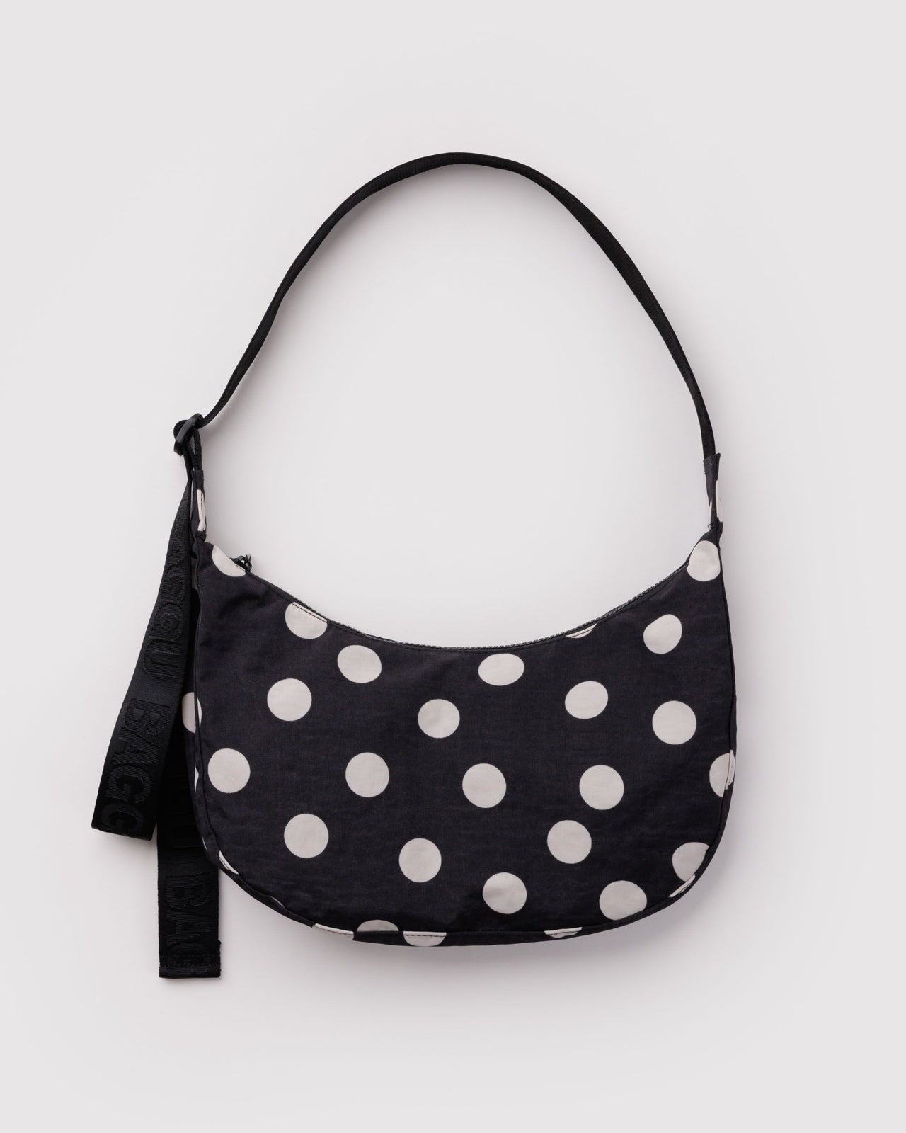 Medium Nylon Crescent Bag - Black and Cream Polka Dot