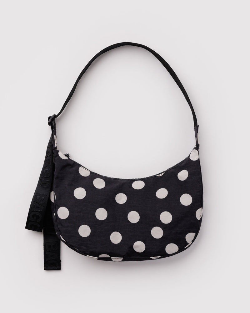 BAGGU Black Bags Medium Nylon Crescent Bag - Black and Cream Polka Dot