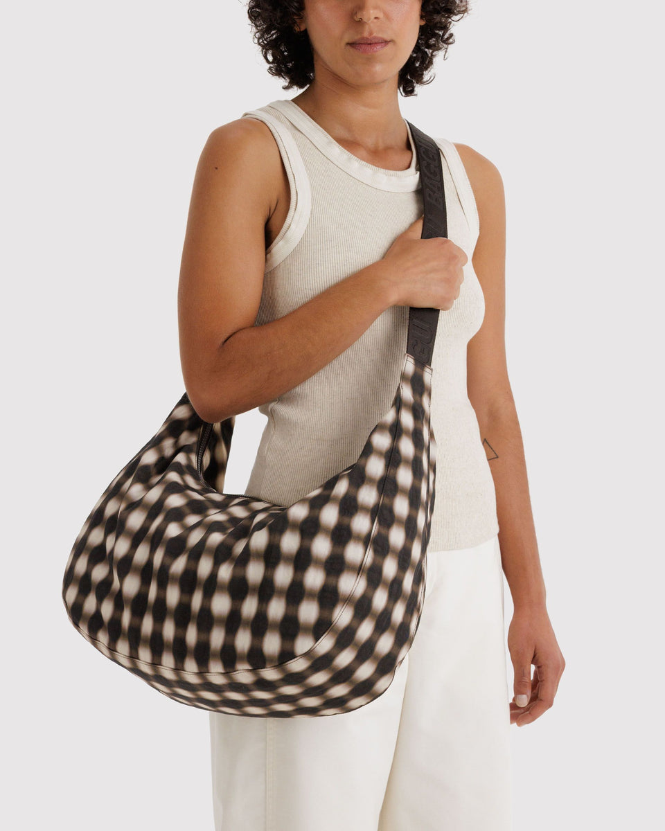BAGGU Crossbody Bags Large Nylon Crescent Bag - Blurred Gingham Brown