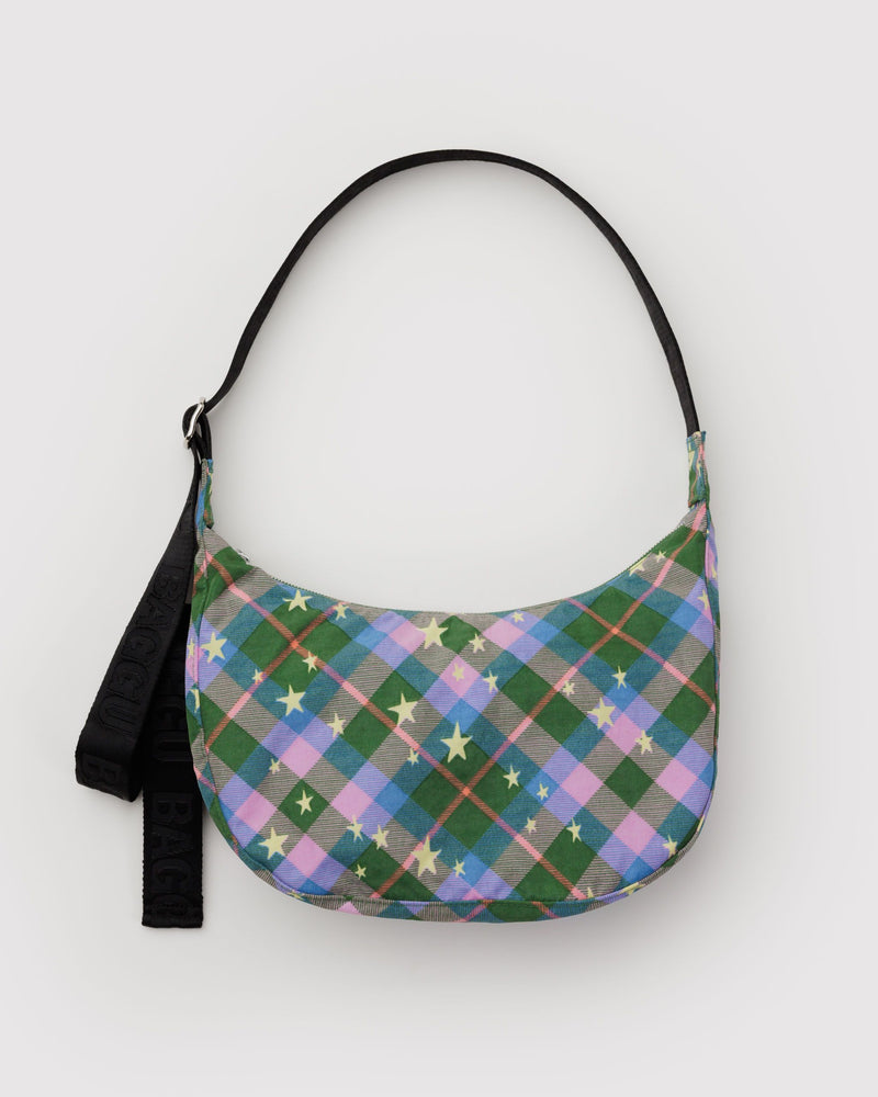 BAGGU.com Crossbody Bags Medium Nylon Crescent Bag - Green Star Plaid