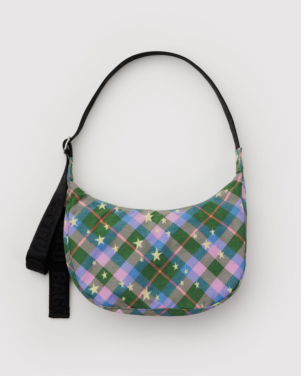 BAGGU New Arrivals Medium Nylon Crescent Bag - Green Star Plaid