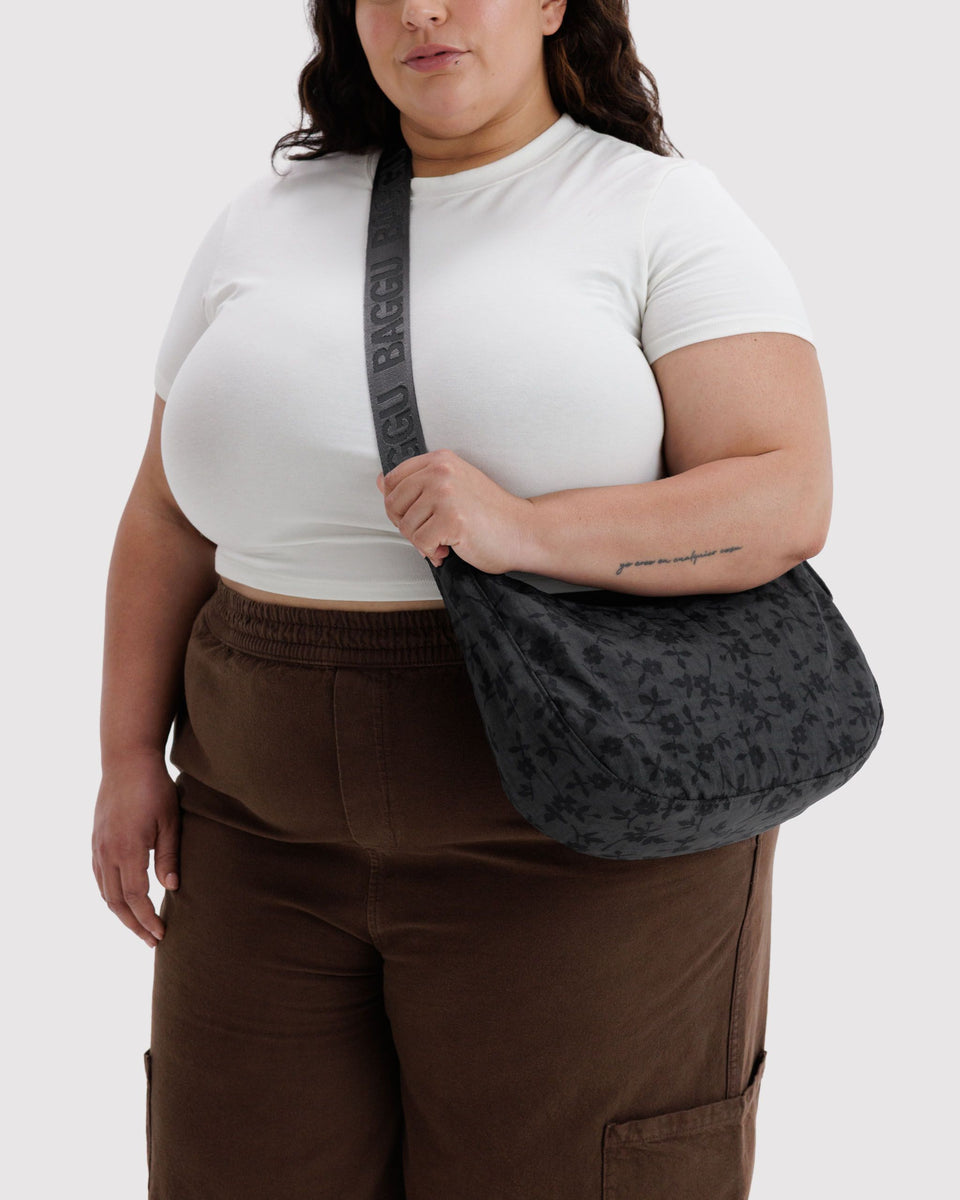 BAGGU New Arrivals Medium Nylon Crescent Bag - Charcoal Ditsy Floral