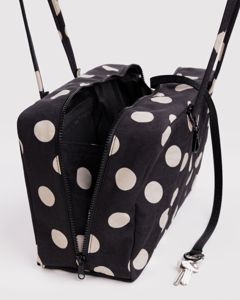 BAGGU Black Bags Medium Nylon Bowler Bag - Black and Cream Polka Dot