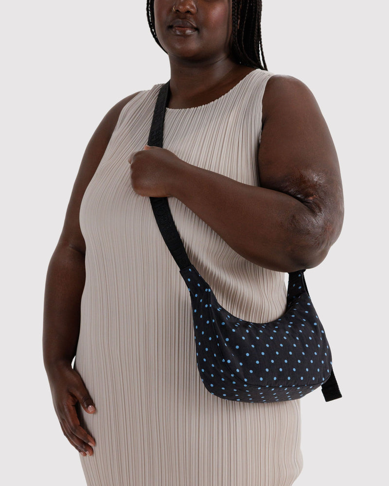 BAGGU Black Bags Small Nylon Crescent Bag - Black and Sky Blue Micro Dot