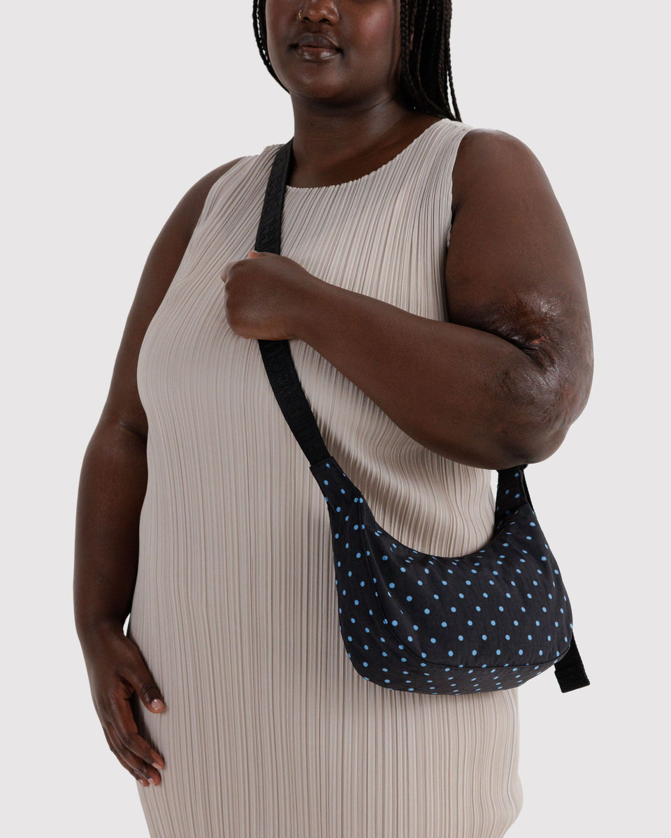BAGGU Black Bags Small Nylon Crescent Bag - Black and Sky Blue Micro Dot