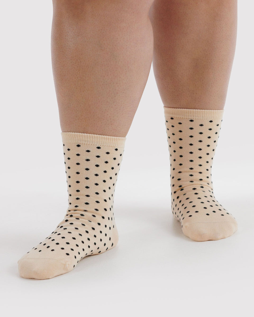 BAGGU Socks and Slippers Crew Sock - Micro Cream and Black Polka Dot