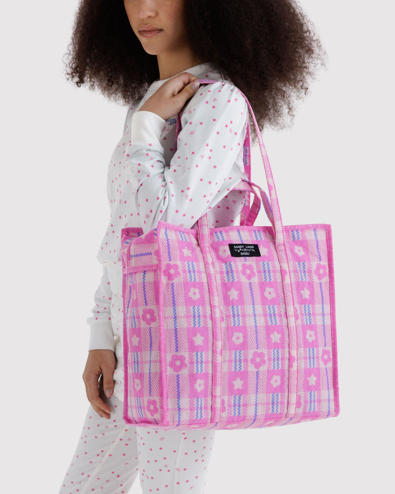 BAGGU  Large Nylon Market Bag - Market Plaid Pink