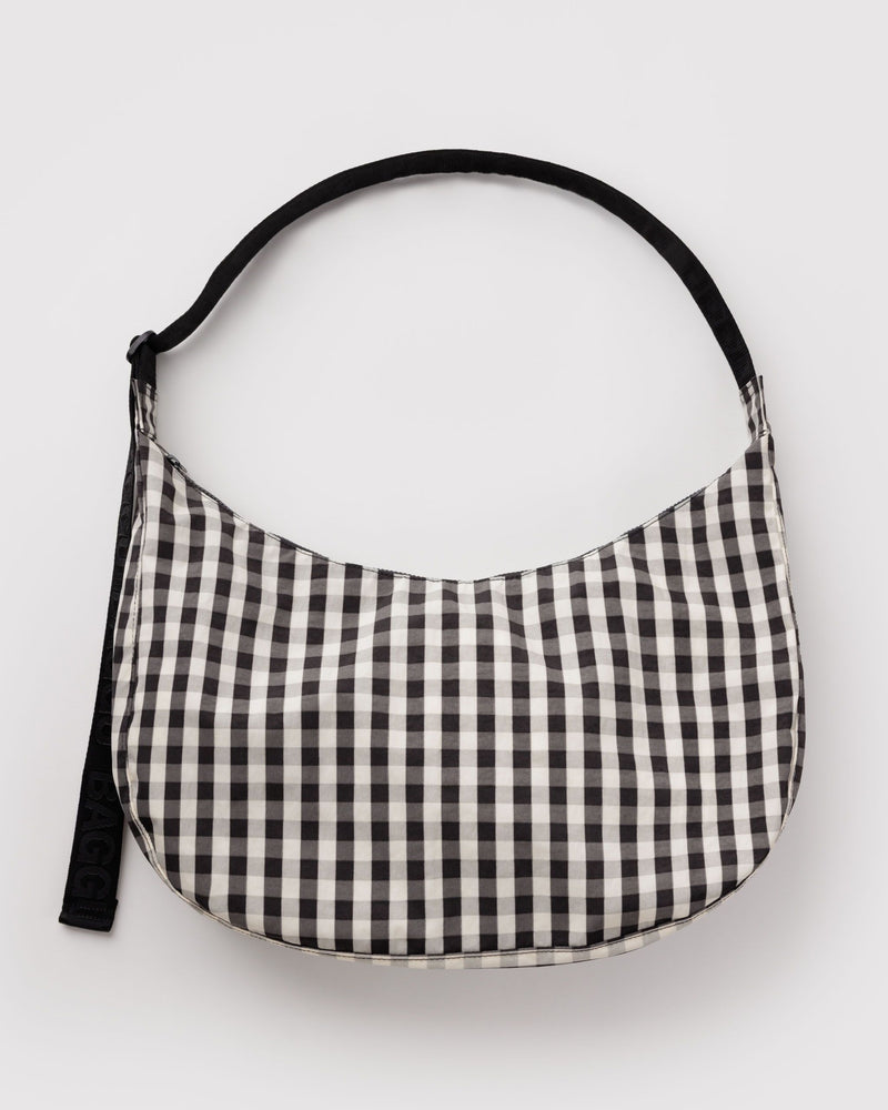 BAGGU  Large Nylon Crescent Bag - Black and Cream Gingham