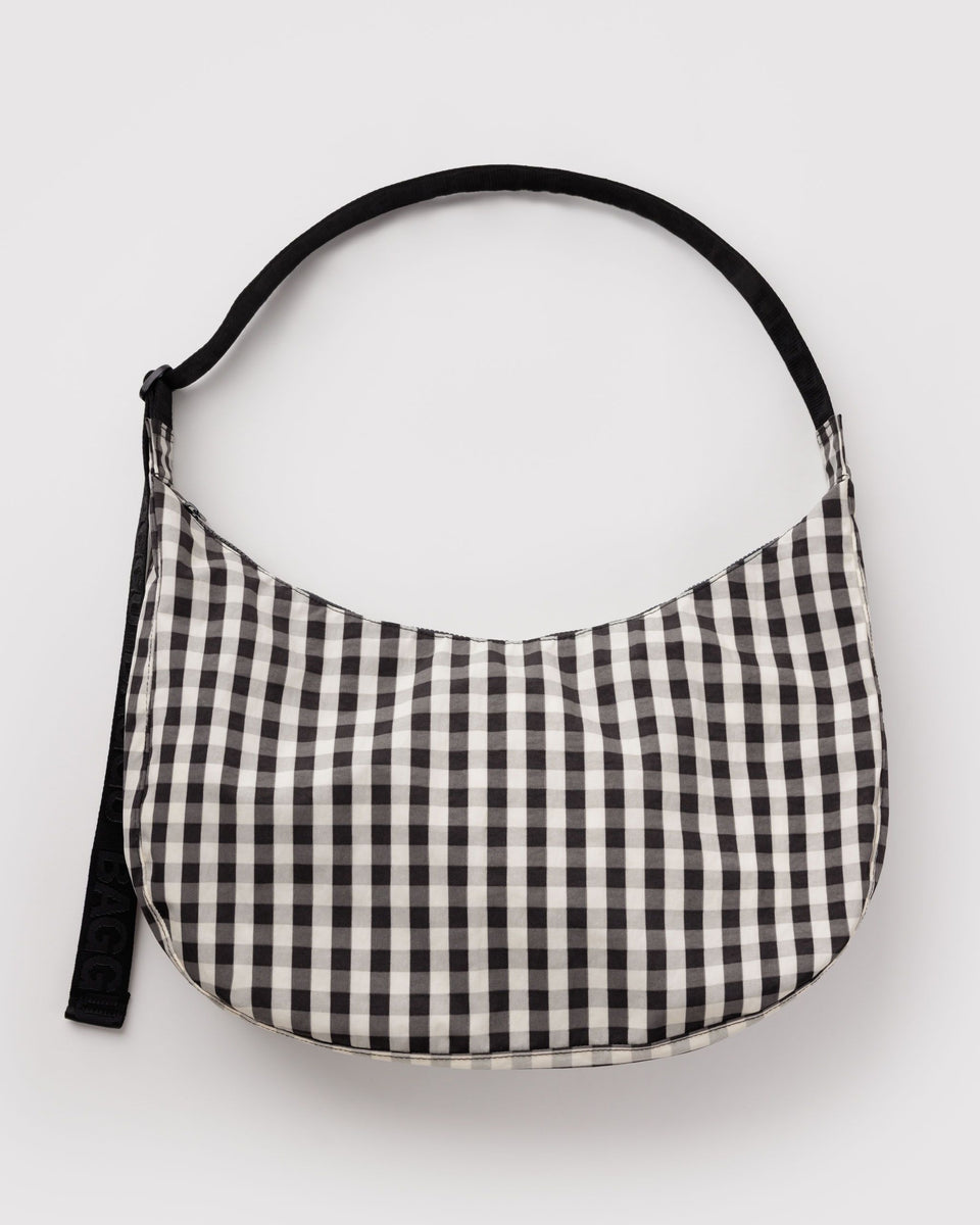 BAGGU Black Bags Large Nylon Crescent Bag - Black and Cream Gingham