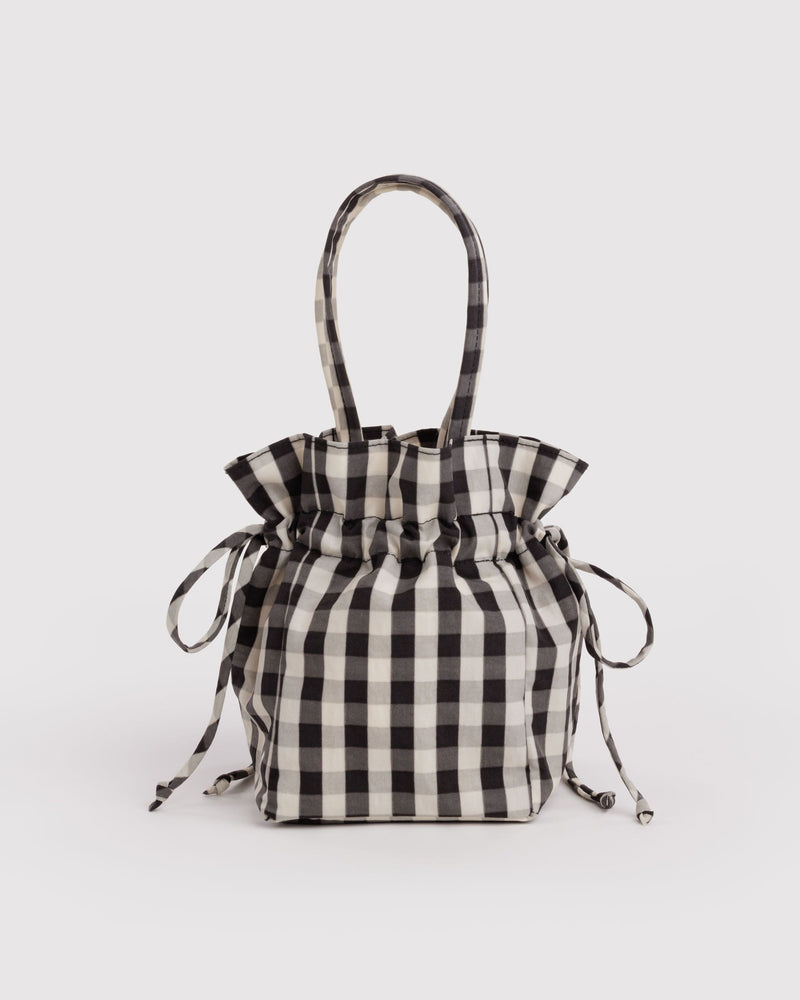 BAGGU  Nylon Drawstring Bag - Black and Cream Gingham