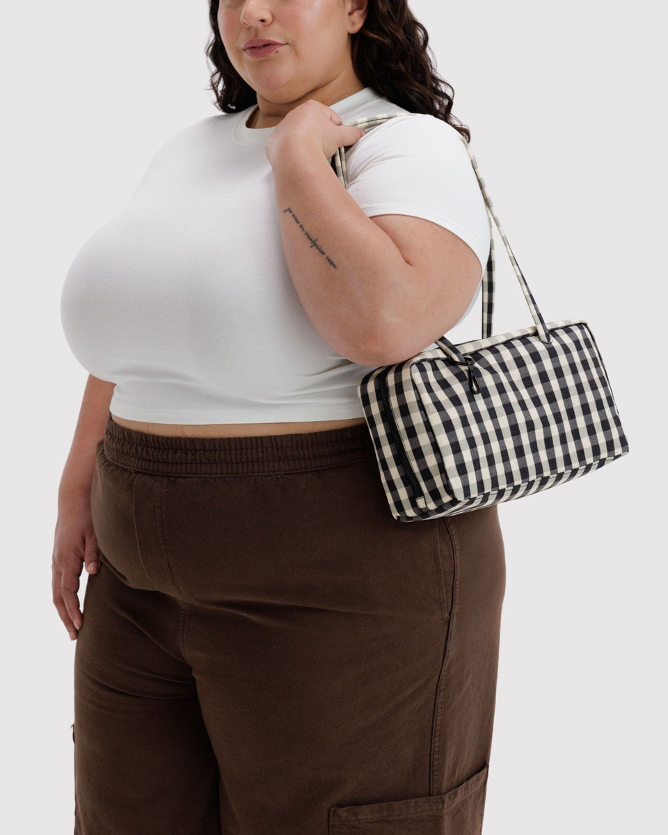 BAGGU Black Bags Nylon Bowler Bag - Black and Cream Gingham