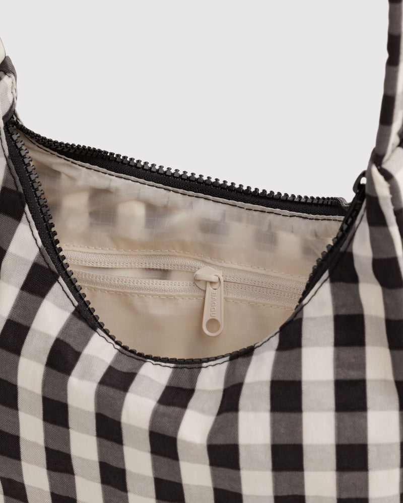 BAGGU Black Bags Mini Nylon Shoulder Bag - Black and Cream Gingham