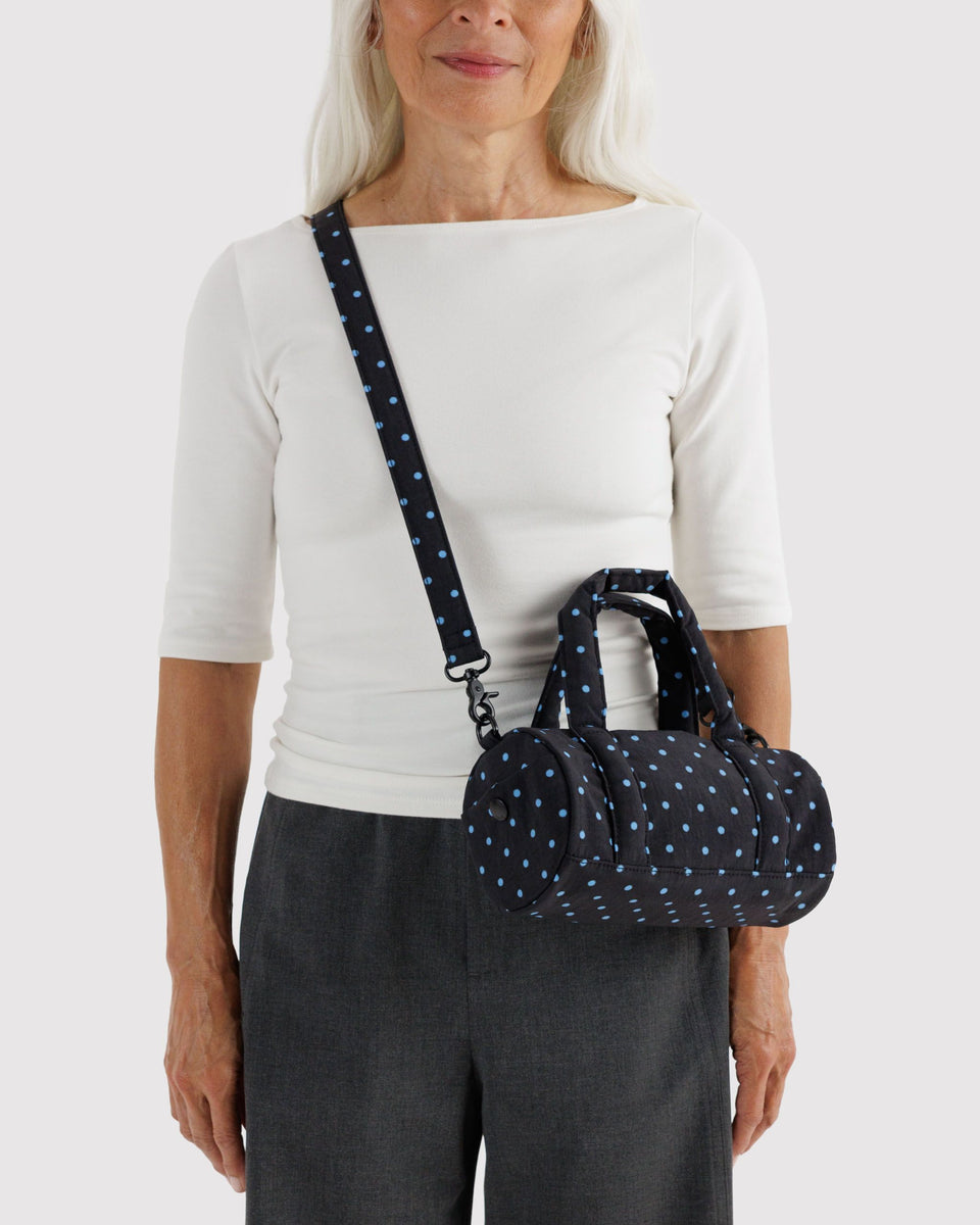 BAGGU Black Bags Small Nylon Duffle Bag - Black and Sky Blue Micro Dot