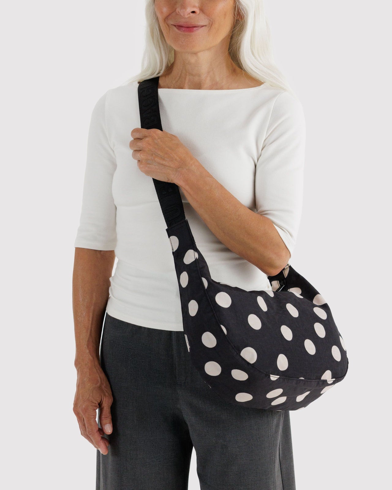 Medium Nylon Crescent Bag - Black and Cream Polka Dot