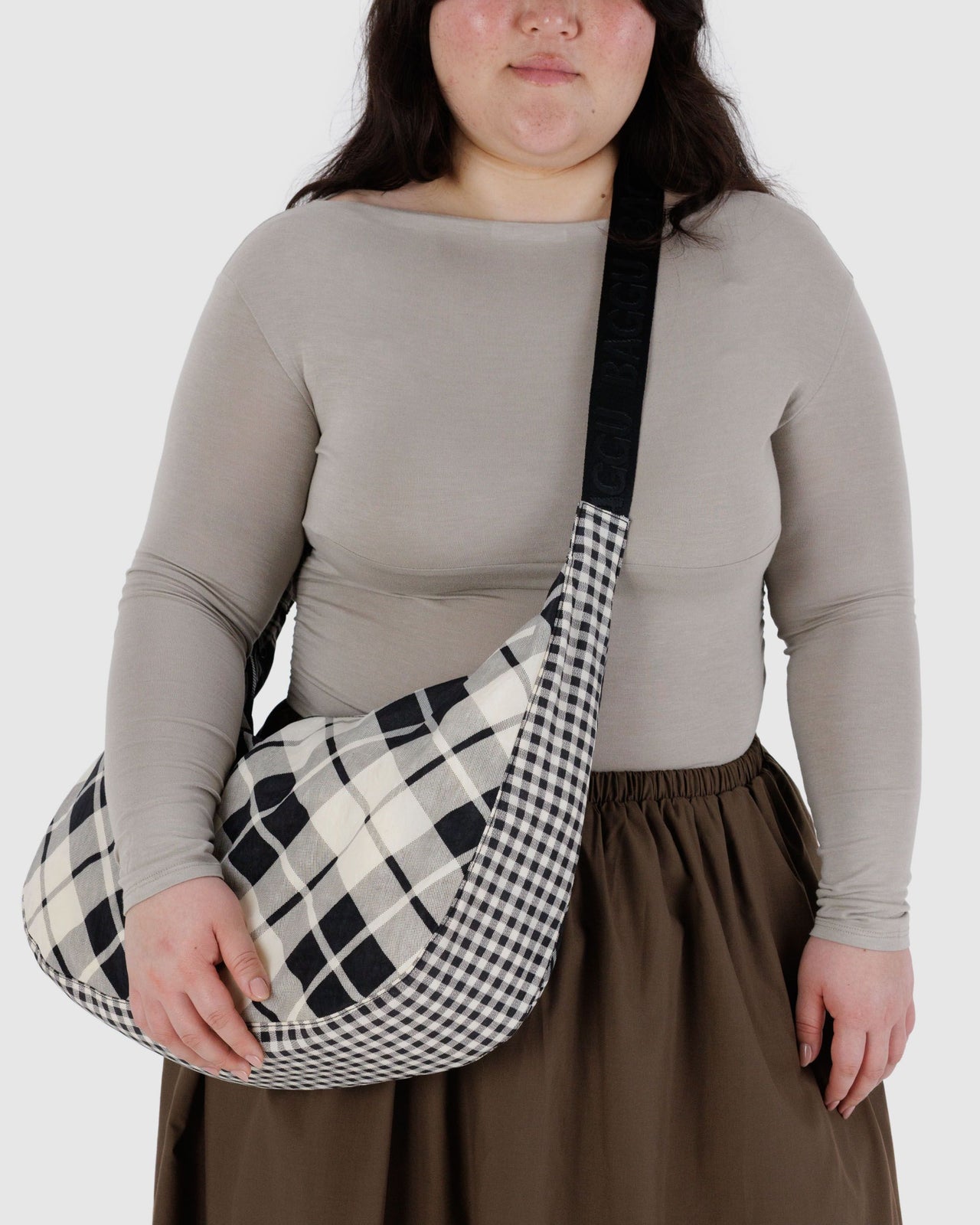 Large Nylon Crescent Bag - Mixed Plaid