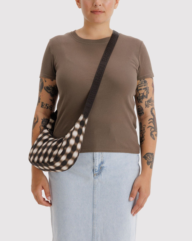 BAGGU  Small Nylon Crescent Bag - Blurred Gingham Brown