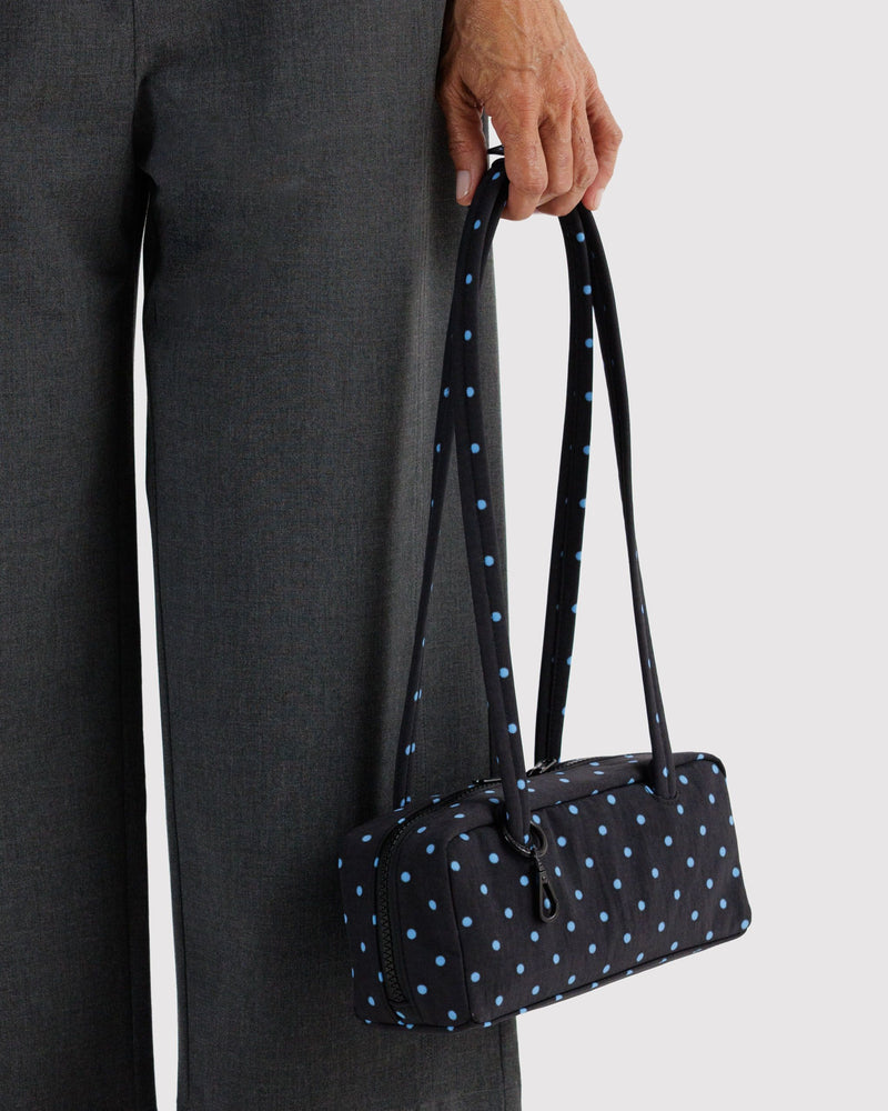 BAGGU Black Bags Small Nylon Bowler Bag - Black and Sky Blue Micro Dot