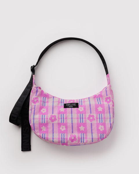 BAGGU Crossbody Bags Medium Nylon Crescent Bag - Market Plaid Pink