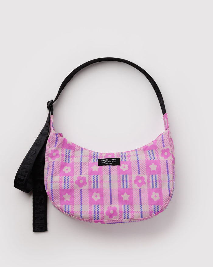 BAGGU New Arrivals Medium Nylon Crescent Bag - Market Plaid Pink