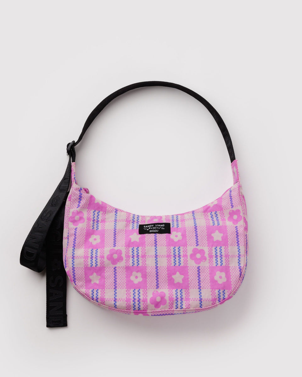 BAGGU Products Medium Nylon Crescent Bag - Market Plaid Pink
