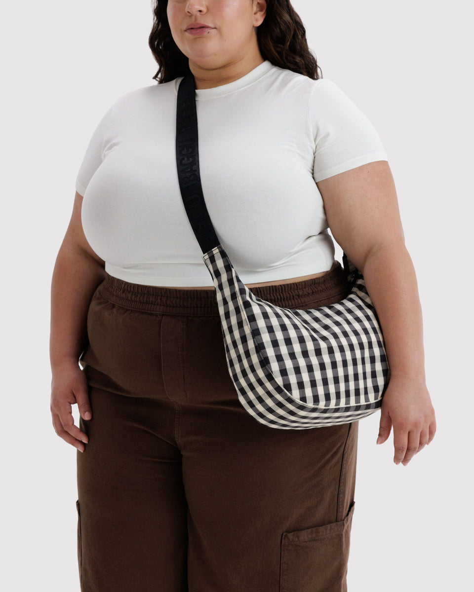 BAGGU New Arrivals Medium Nylon Crescent Bag - Black and Cream Gingham