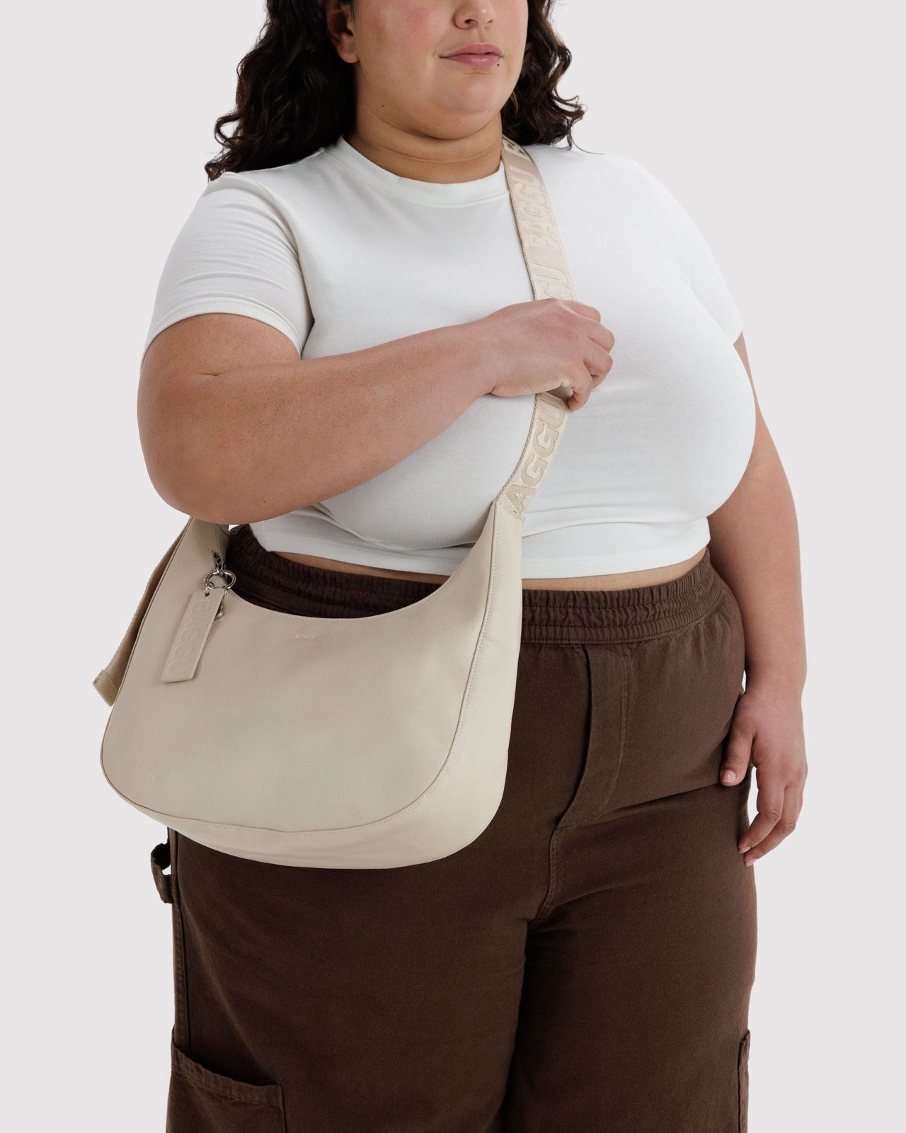 Medium Recycled Leather Crescent Bag - Stone