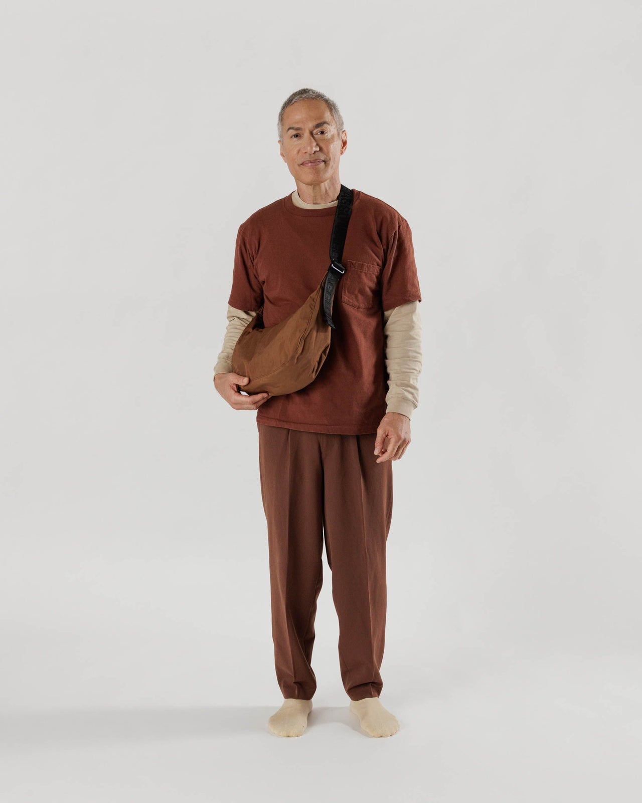 Medium Nylon Crescent Bag - Brown