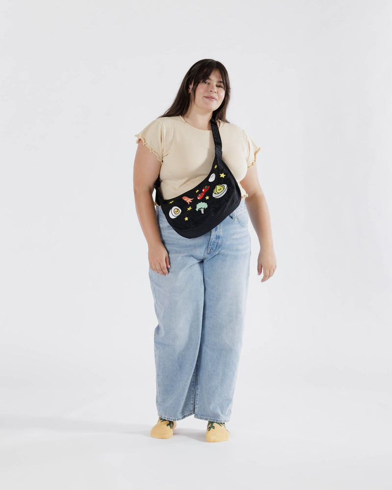 BAGGU Crossbody Bags Medium Nylon Crescent Bag - Embroidered Gudetama